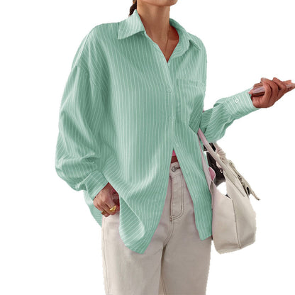 Striped Long Sleeve Blouse Women Loose Fit Round Neck Button-Up Shirt