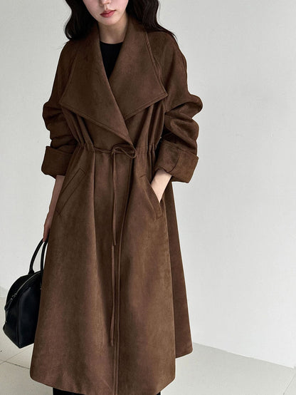 High-end silhouette long windbreaker relaxed drawstring plaid large lapel outwear women's autumnew arrival