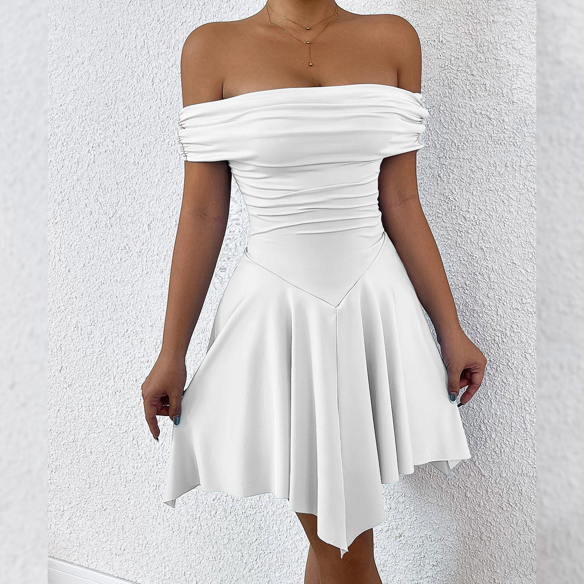 One-Shoulder Tube Top Dress Women Elastic Waist Irregular Hem Mini