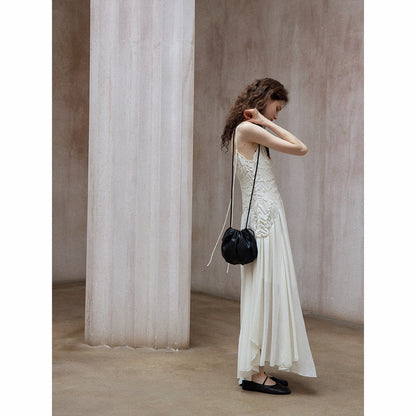 Vintage pleated chiffon asymmetric MIDI suspender skirt adjustable shoulder strap