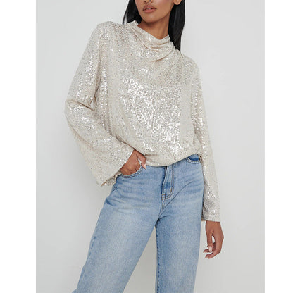 New silver long-sleeved bead long-sleeved shirt fashion round neck sequined shirt top women