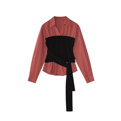Fake two-piece contrasting splicing strap waist long-sleeved shirt