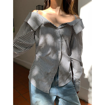 Fashion pure desire temperament one-word shoulder striped shirt