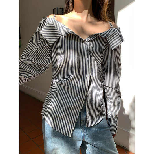 Fashion pure desire temperament one-word shoulder striped shirt