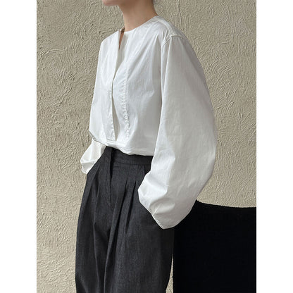 French high-end crew neck shirt women's autumn new loose and versatile lantern sleeve shirt top