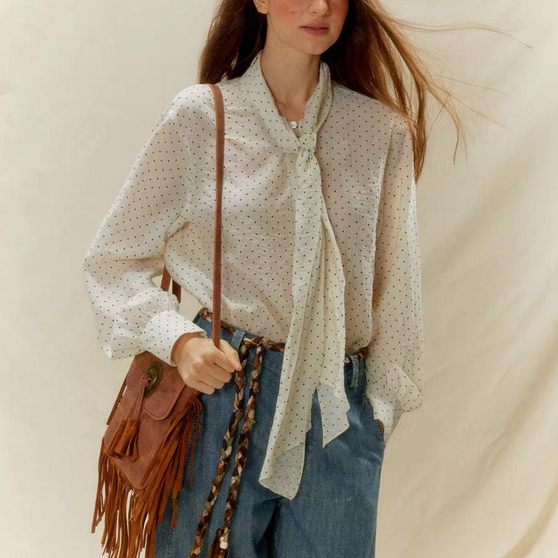 Europe, America and the United States autumn new French temperament classic polka dot streamer double wearing loose long-sleeved shirt