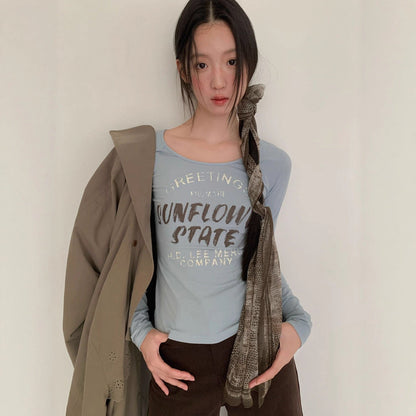 Versatile English letter print T-shirt women's long-sleeved U-neck top