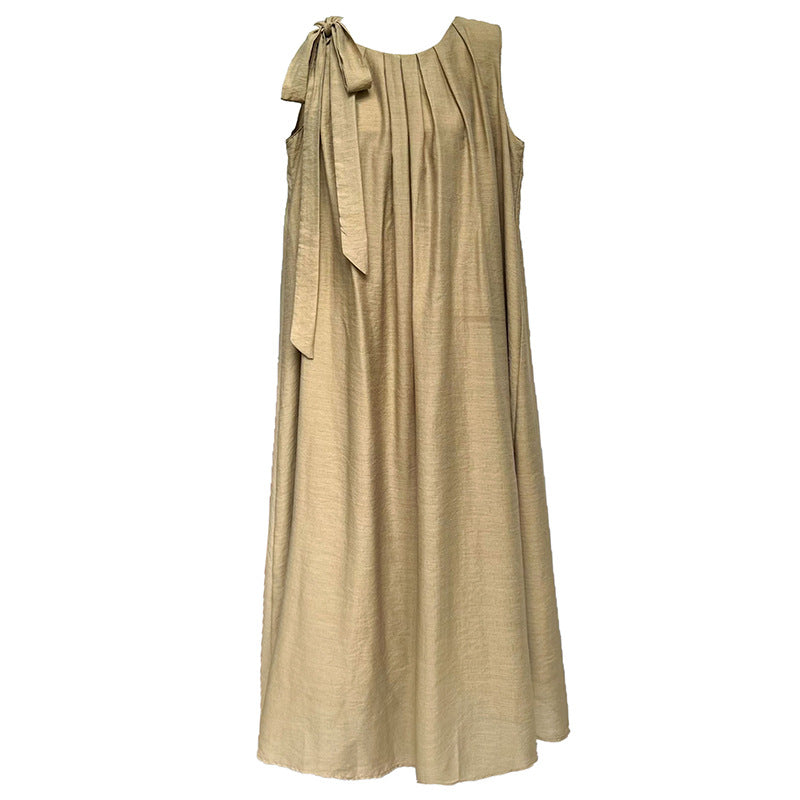 French imitation linen pleated sleeveless A-shaped dress, thin high-end vest skirt, vacation dress