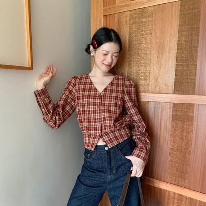Women's V-Neck Plaid Print Single-Breasted Long Sleeve Cotton Shirt