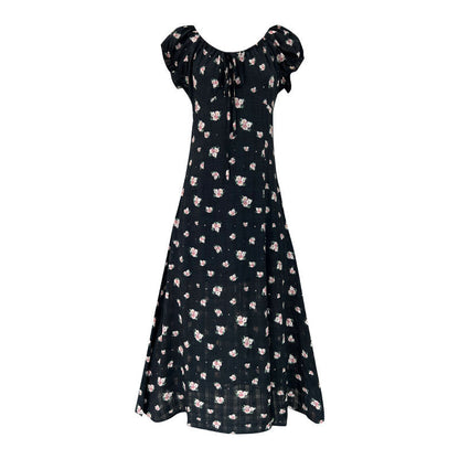 French coffee break bubble sleeve floral dress summer waist thin neckline drawstring long dress