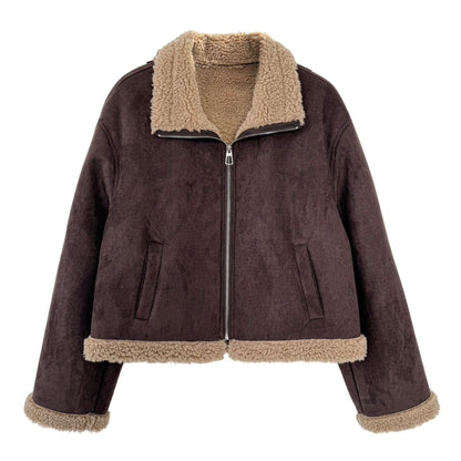 Korean stand-up collar suede spliced lamb wool short coat women's new winter versatile thermal top