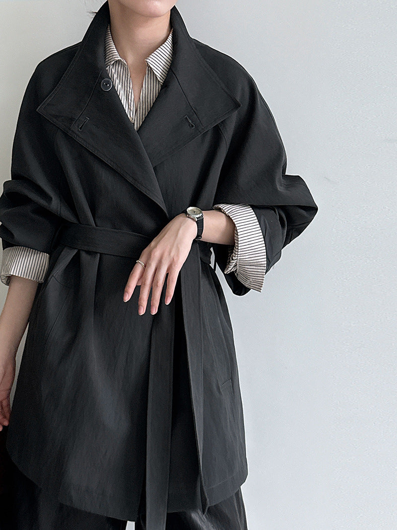 British style stand-up collar silhouette cargo jacket women's autumn new lace-up midi casual trench coat