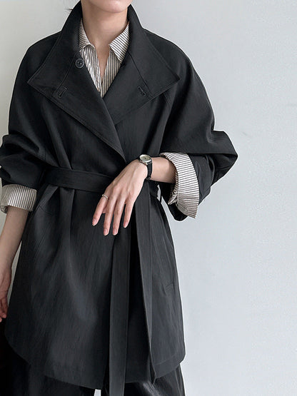 British style stand-up collar silhouette cargo jacket women's autumn new lace-up midi casual trench coat