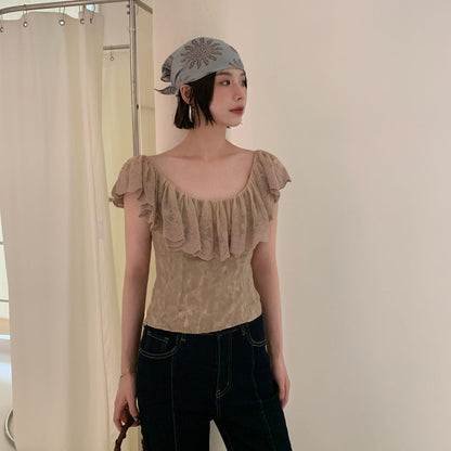 Slim-fit backless sexy ruffle-edged lace shirt top