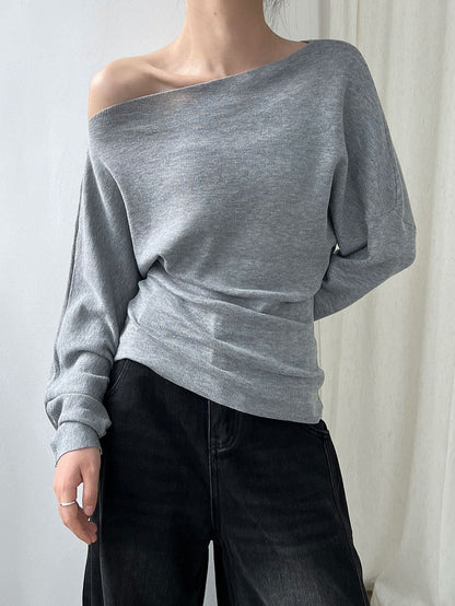 Design sense waist slim slanted shoulder knitted sweater women's autumn new long-sleeved off-the-shoulder top bottoming shirt ss780