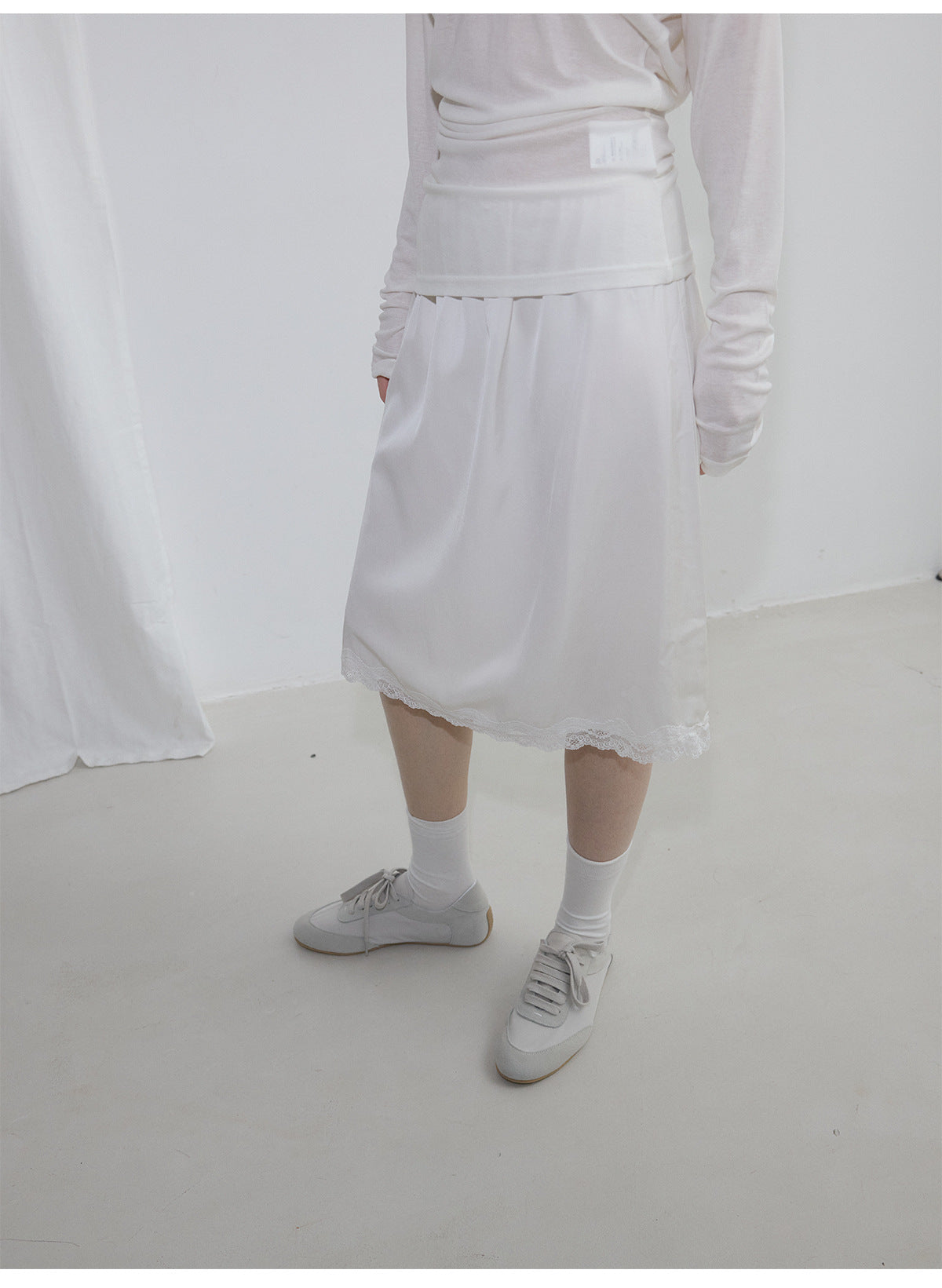 Spring new casual high waist simple solid color linen satin lace medium and long skirt