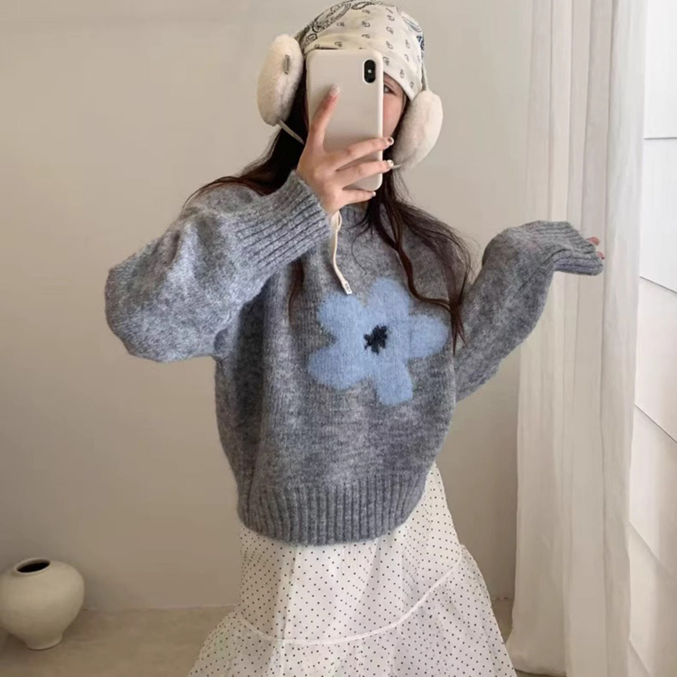 Floral Korean Soft Knit Loose Pullover Sweater