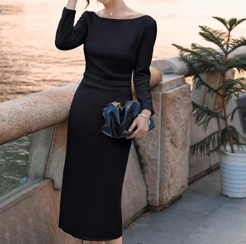 One-Shoulder Dress Women High Waist Slim Fit Pleated Bodycon Midi