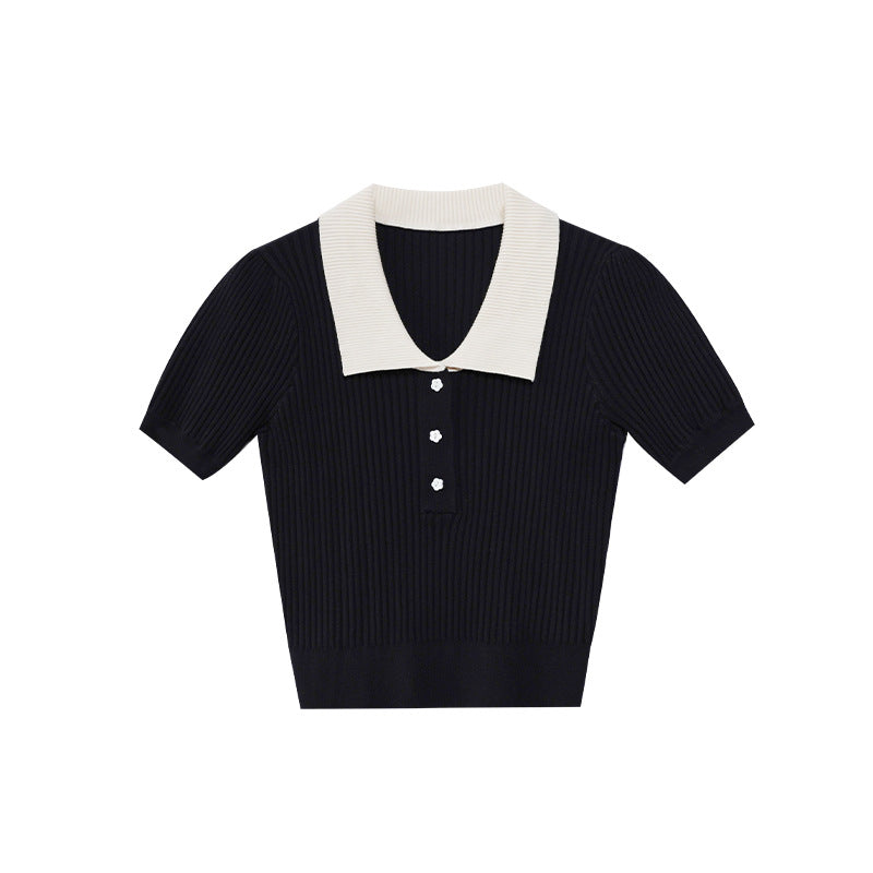 College Fashion Commuter Lapel Short Sleeve Knitwear