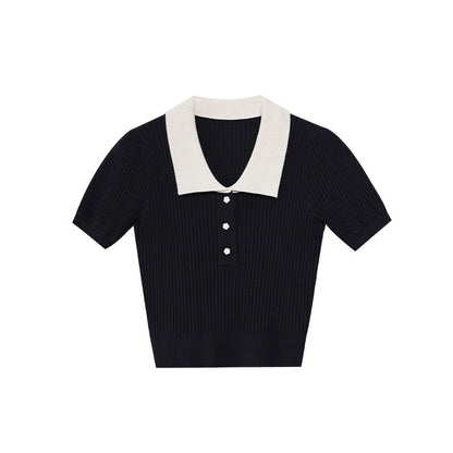 College Fashion Commuter Lapel Short Sleeve Knitwear