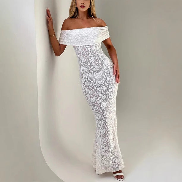 Spot new fashion lace one-word shoulder dress halter hot girl sexy tube top dress