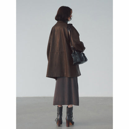 Stand-up collar streamer waist PU leather jacket, early spring new loose long commuter textured jacket
