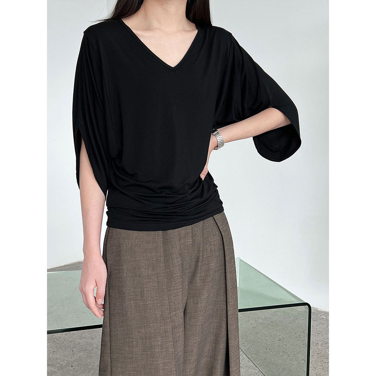 Korean Lazy Wind V-Neck Waist Bat Sleeve T-Shirt Women's Summer New Skinny Short Sleeve Top