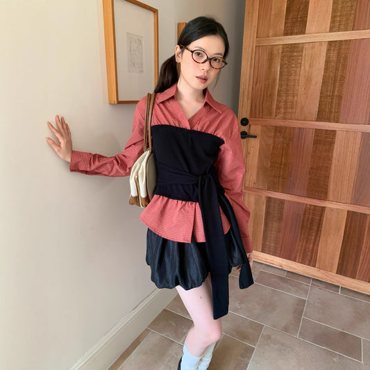 Fake two-piece contrasting splicing strap waist long-sleeved shirt
