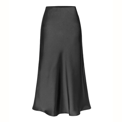 Acetate satin skirt elastic high waist solid color split mid-length skirt