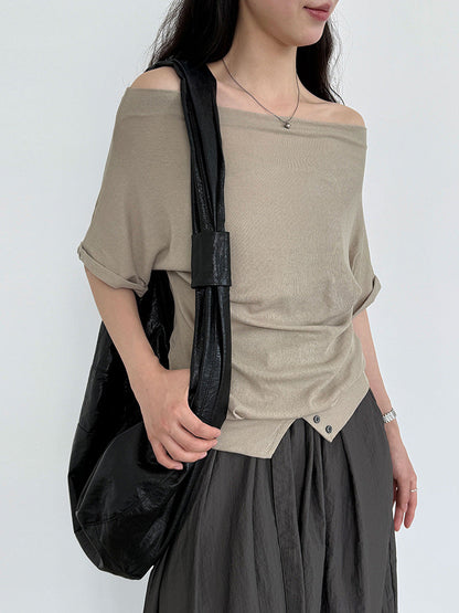 Slanted shoulder hem waist one-shoulder T-shirt women's summer new niche design sense Korean simple short sleeves