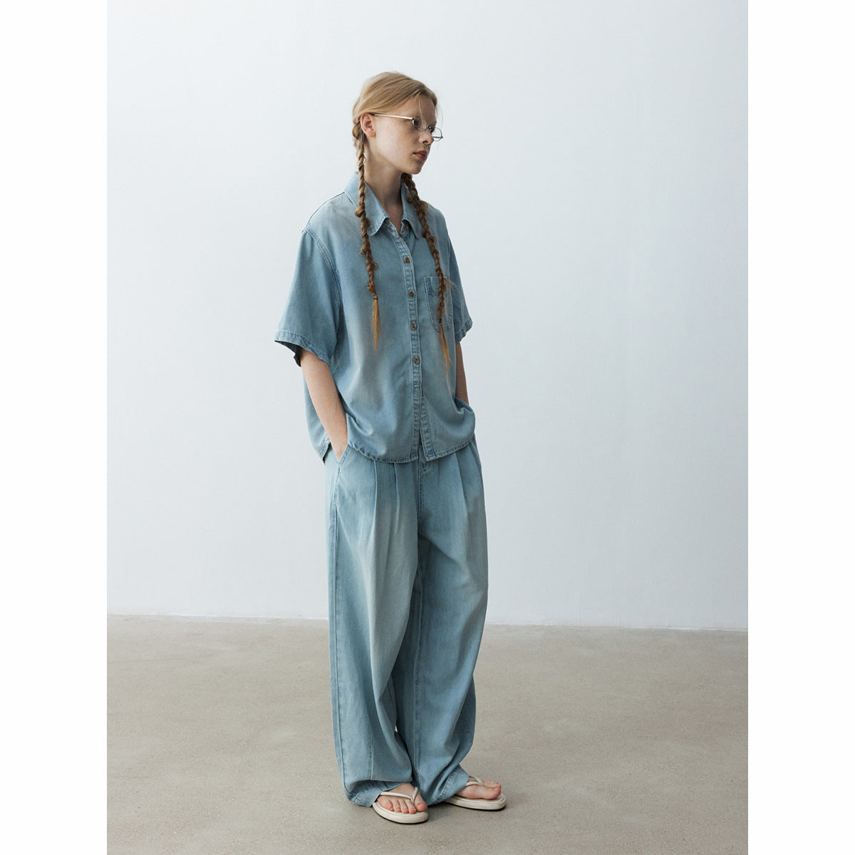 Summer new casual lapel tencel cotton patch bag versatile skin-friendly denim short-sleeved shirt