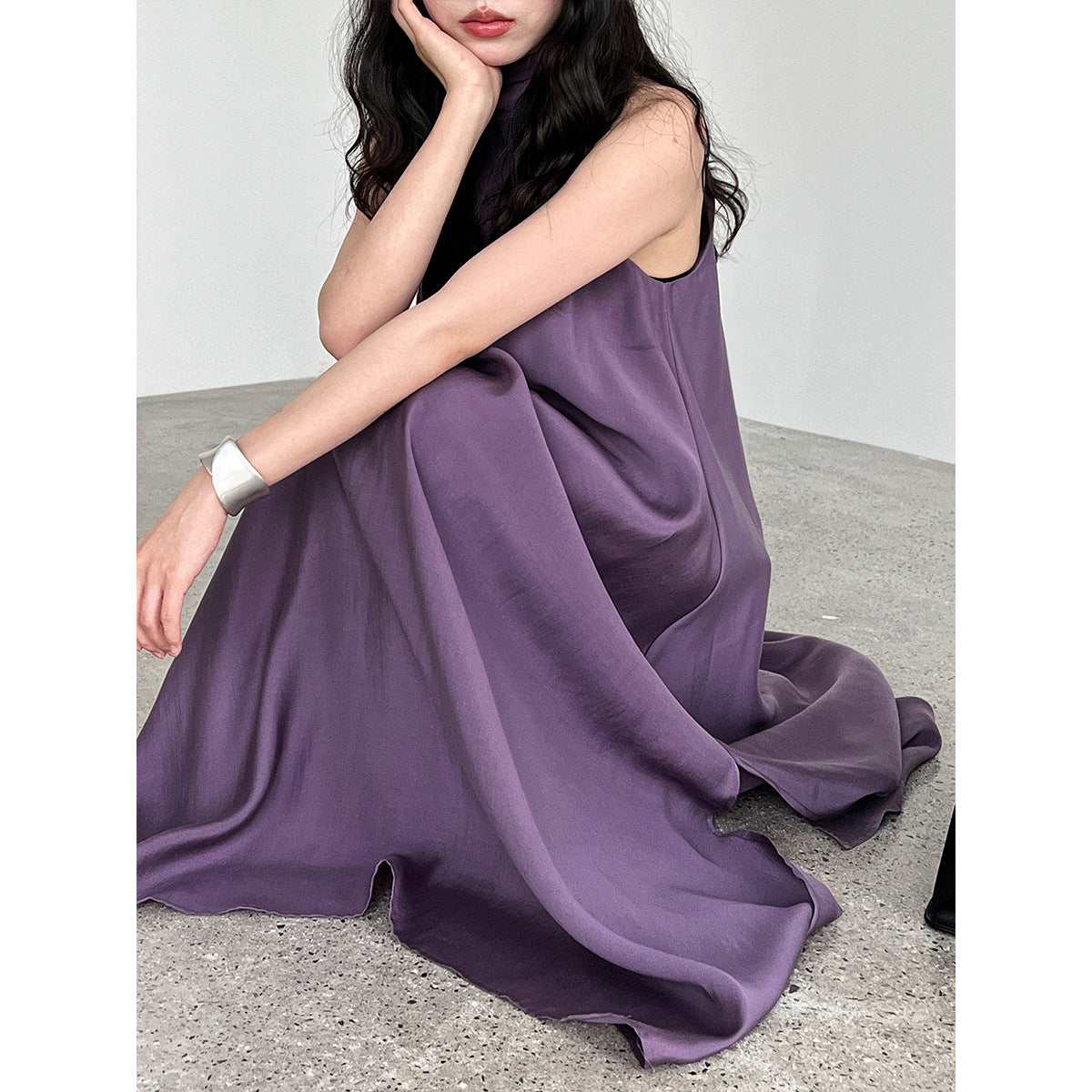 French high-end Tencel streamer halterneck dress women's summer resort style off-the-shoulder fairy dress