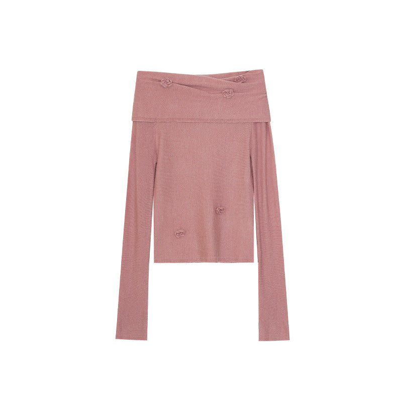 Skin-friendly one-word shoulder backless long-sleeved knitted sweater