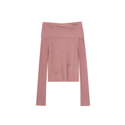 Skin-friendly one-word shoulder backless long-sleeved knitted sweater