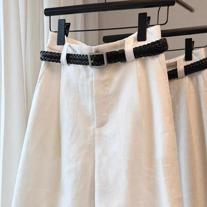 White linen high-waisted wide-leg shorts