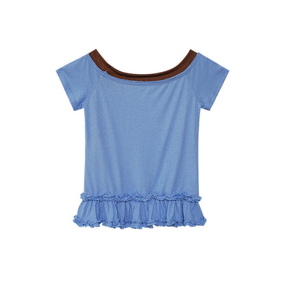 Contrasting slim T-shirt women's short-sleeved niche one-line collar top