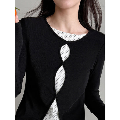 Contrasting fake two-piece splicing hollow polka dot long-sleeved T-shirt women's early spring new slim-fit knitted top