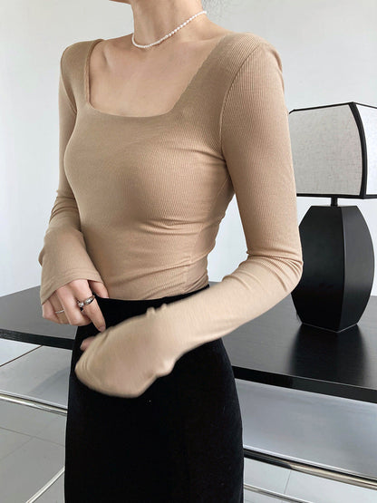 Design Sense Long Sleeve Square Neck T-Shirt Women's Slim Skinny Showing Clavicle Low Neck Short Top Bottom Shirt