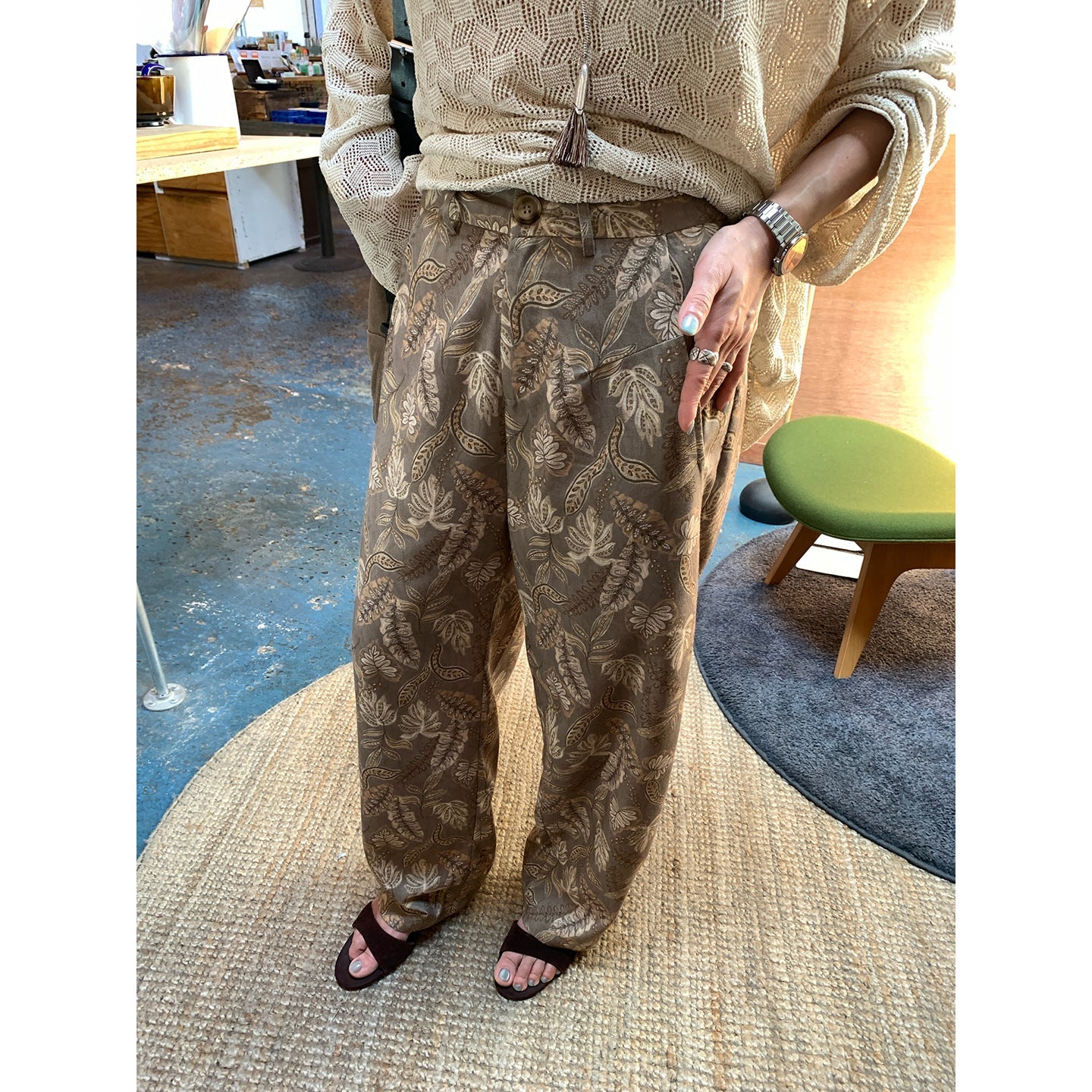 Spring retro elegant extravagant linen printing loose thin straight trousers