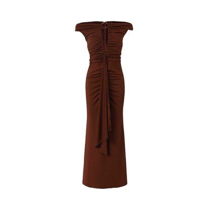 Splicing Ribbon Long Dress Dress Wind Dress Vacation Style One-word Shoulder Buttocks Dress