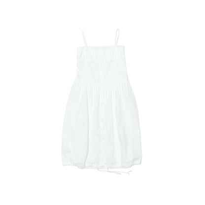 Summer new casual one-word collar pleated design sense solid color lace-up long suspender skirt