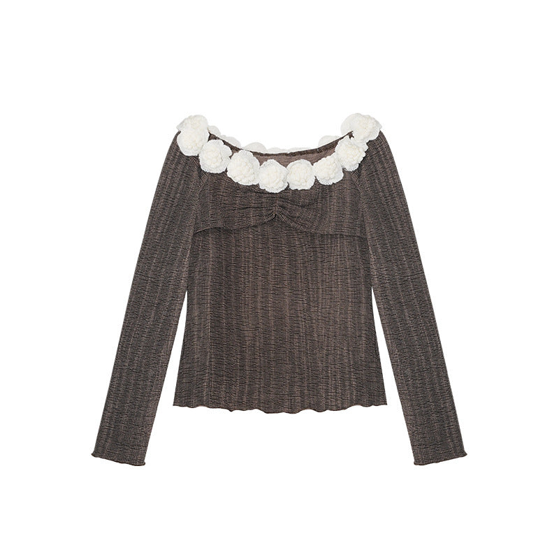 3D Floral Off-Shoulder Top – Sweet One-Shoulder Long Sleeve Blouse