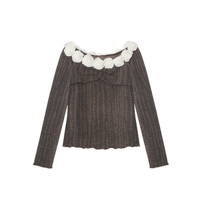 3D Floral Off-Shoulder Top – Sweet One-Shoulder Long Sleeve Blouse