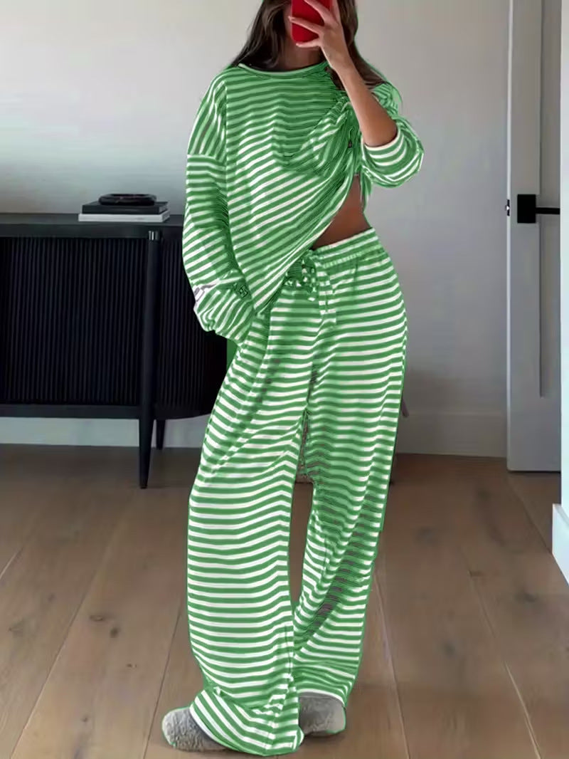 Striped Casual Two-Piece Set Women Long Sleeve Top High Waist Pants