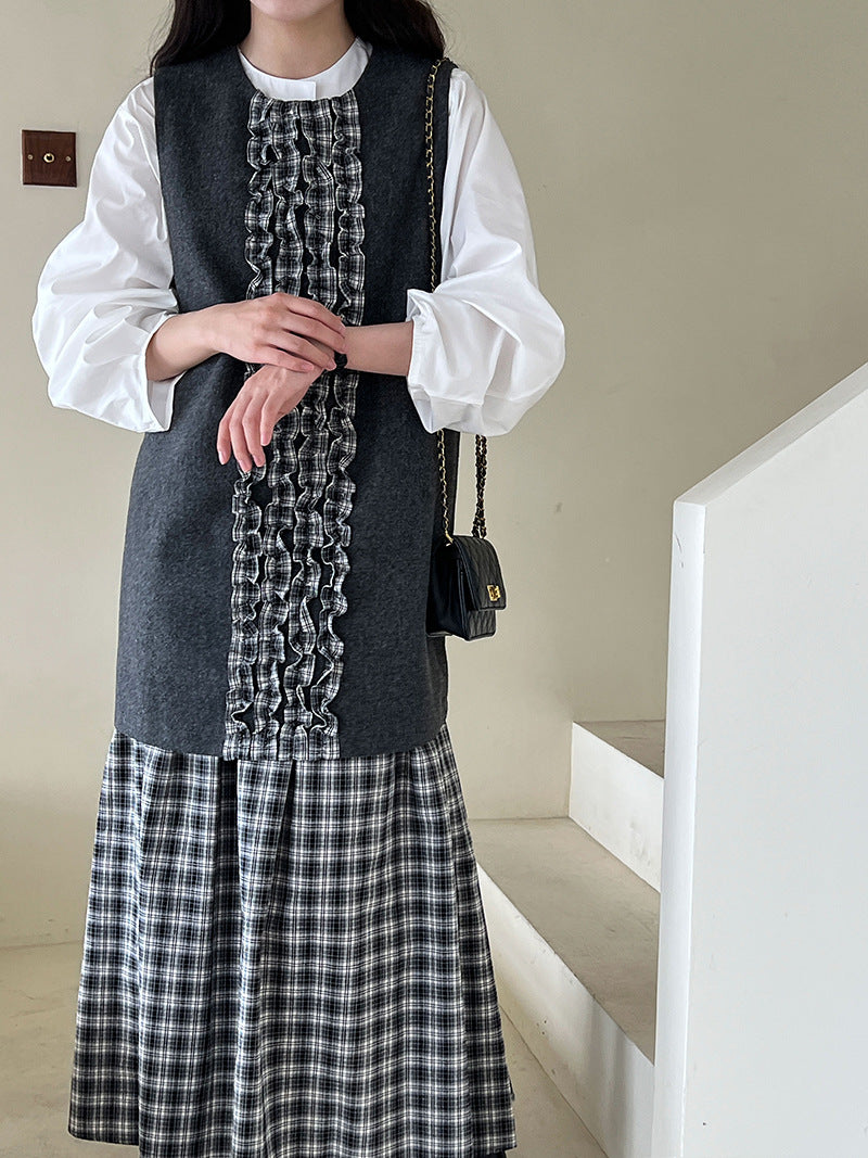 Japanese plaid fungus edge fishtail dress autumn and winter temperament petal woolen vest skirt