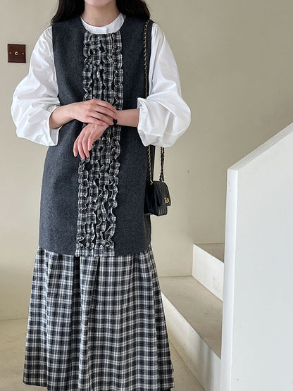 Japanese plaid fungus edge fishtail dress autumn and winter temperament petal woolen vest skirt