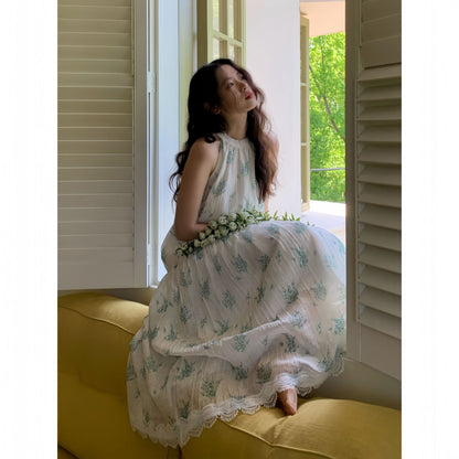 Sweet fairy fresh floral sleeveless neck sling dress