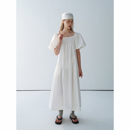 Summer new casual square collar cotton long loose tucker pleated long proportion dress