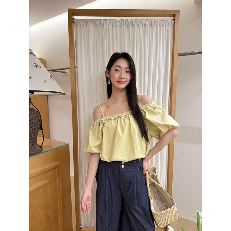 Exquisite and beautiful shirt off-the-shoulder one-shoulder suspender top