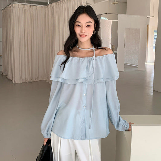 Gentle wind shoulder shirt spring haze blue lotus leaf edge covering meat and thin top